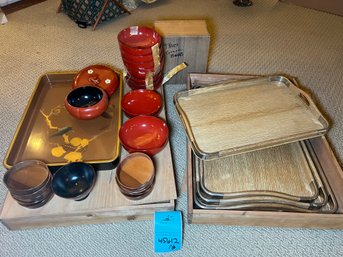 R11 Mixed Lot Of Japanese Lacquerware, Wood Boxes And Matched Set Of Wood Trays.