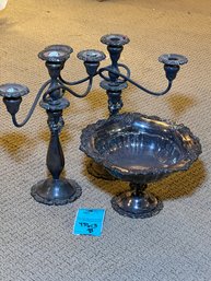 R11 Wallace Baroque Pattern Silverplate Candelabras And Pedestal Bowl