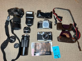 R11 Vintage Camera Lot.  Olympus Om-2S, Nikon FG Body, Minolta Uniomat, Tamron Zoom Lens, Vivitar Flash