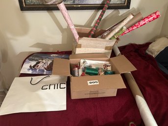 R6 Two Bags, Box Of Various Ribbons, Box Of Various Wrapping Paper, Roll Of Fabric