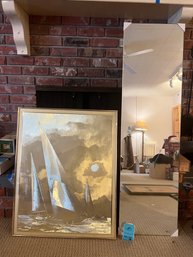 R11 Poster Magic Holographic Gold Tone Sailboats.  24x30in. Gold Plastic Frame And Plexiglass Front.   Framele