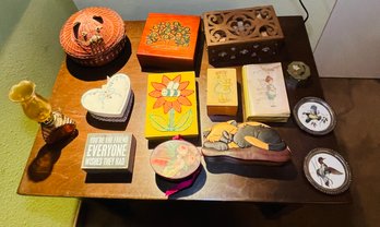 R10 Collection Of Boxes For Trinkets, A Puzzle Cat, Two Music Boxes, A Small Oil Lamp, Bird Coasters