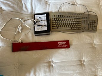 R11 Office Chair, HP Keyboard, La Crosse Color Forecast Station, Electrical Cord, Home Depot Wrist Pad