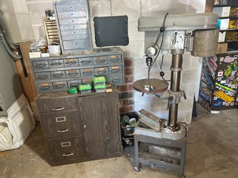 R0 Proteane Power Drill, Stool With Wheels, Small Cabinet With Various Drill Bits, Nails, Bolts, Metal Cabinet