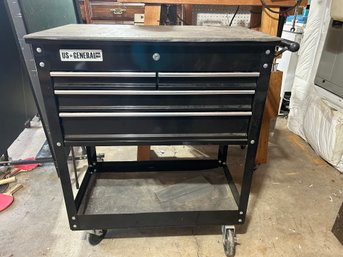 R0 Black US General Four Drawer Roller Cart, Various Tool, Tape, Ruler, Craftsman Drill Kit