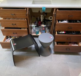 Bathroom Items To Include: Plastic Stools, Metal Waste Basket , Assorted Hygiene Products And Drawer Organizer