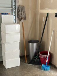 R0 Five Foam Boxes For Packing, Trash Can, Three Buckets, A Mop, Broom And A Scrub Brush