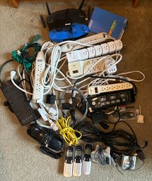 R2 Large Miscellaneous Electronics And Cord Lot To Include Linksys Set Up, Extension Cords, Landline Phones An