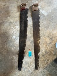 Two Vintage Warranted Superior Large Hand Tree Saws 54in Blades