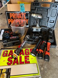 Craftsman Cordless 18v Drill, Craftsman Jigsaw, Flashlights, Dog Bone Wrench, Misc Small Tools, Signage