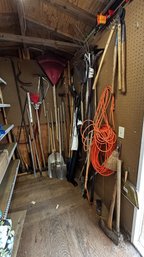 R00 Large Garden Hand Tool Lot – Rakes, Shovels, Axes, Post Hole Diggers & More