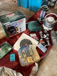 Camping! Twin Air Bed, Colman Jug, Colman Propane Stockpot/cooker, Lantern, Small Lanterns, Thermos, Rain