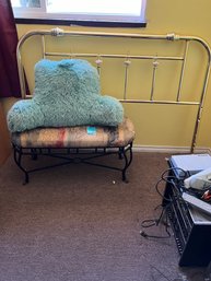 Wrought Iron Upholstered Bench, Metal Brass Look Queen Size, Fuzzy Bed Pillow