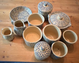 R3 Vintage Blue Spongeware Pottery Kitchen Canister & Pitcher Lot