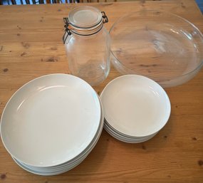 R3 Pier 1 Porcelain Dinnerware Set With Glass Serving Bowl & Clamp Lid Storage Jar