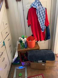 Assorted Cleaning Supplies, Bathroom Supplies, Scale, Bathmats, Men's Shirts, Curling Iron, Straightener