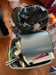 Assorted Office And Craft Items, Decor Pieces, Storage Tub, Backpack, Trash Can