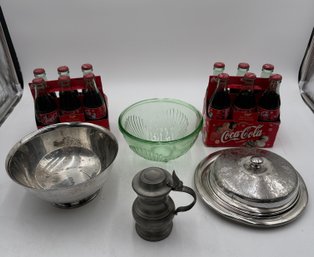 R2 Silverplate Serving Items, Pewter Small Pitcher, Green Glass Bowl With Shell Detail, Santa 2000 Coke
