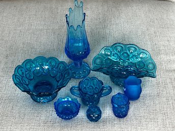 Blue Glassware Collection.  Vintage L E Smith Moon And Stars, Homeco Votive