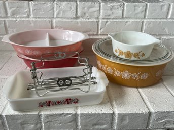 Vintage PYREX Butterfly Gold Casseroles, Pink Daisy Casserole, Red Bowl And Fire King Prim Rose 9x10 Baking Di