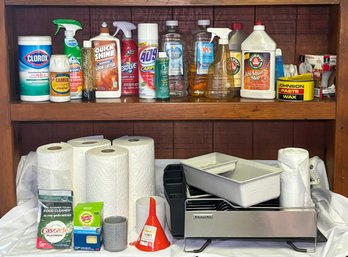 R8 Cleaning Lot To Include Kitchen Aid Dish Drying Rack, Trash Bags, Paper Towels, Clorox, 409, Murphy Oil