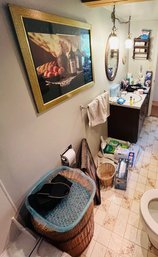 R3 All Bathroom Contents Cologne Gucci, Stetson, Coca Cola Wood Sign, Mirror, Wicker Hamper, Bulbs, Soap