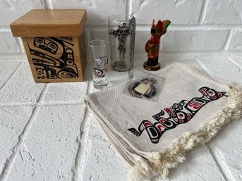 Collection Of Native Design Decorated Items Including A Native Bentwood Box