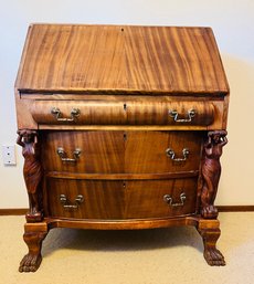 R7 Antique Secretary Desk With Drip Front, Carvings And Paw Feet