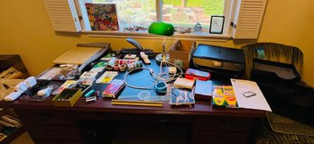 R7 Office Supply Lot HP Printer Scanner, Touch Lamp, Blown Glass Art, Pens, Paper Cutter, Hole Puncher, Staple