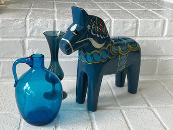 Large Dala Horse Possible Nils Olsson And Two Blue Glass  Vases