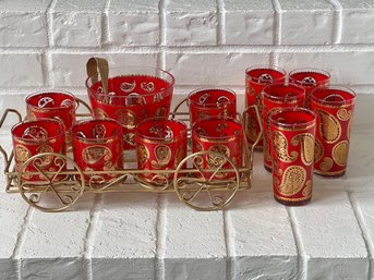 Vintage MCM Culver Paisley Red & Gold Ice Tub & Tumbler Set In Metal Wagon And Five Tall Cocktail Glasses