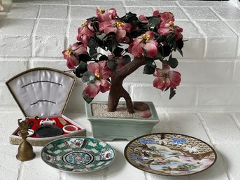 Asian Themed Decorations.  Plates, Brass Bell, Jade Tree And Hand Stamp Kit
