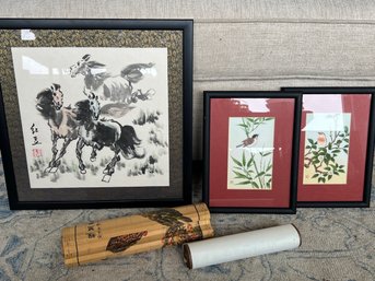 Asian Inspired Artwork Including Three Scrolls