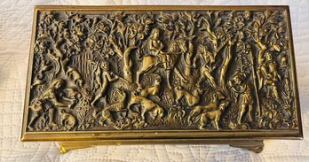 R7  Erhard & Sohne Large Jewelry Box Heavy Cast Gilded Bronze/Brass Hunting Scene Antique W/Key
