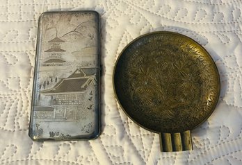 R7 Japan Cigarette Case And Etched Indian Flower Ashtray/incense Holder
