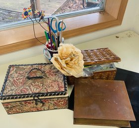 R9 Lot Of Decorative Boxes To Include Sewing And Crafting Supplies And A Mug Of Drawing/writing Supplies