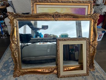 Large Mirror In Resin Frame. Large Wall Art In Wood Frame And Smaller Heavy Wood Frame No Art