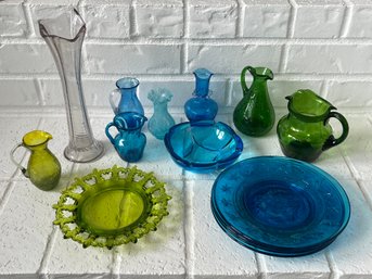 Mixed Collection Of Glass.  Wheaton Presidential Blue Glass Plates And Lavender Tint Tall Vase.