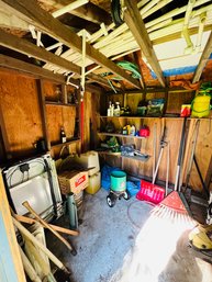 R00 Buyers Pick #3 Outdoor Shed Items Solar Panel, Pressure Washer, Space Heater, Rakes, Shovels, Rope, Tarps