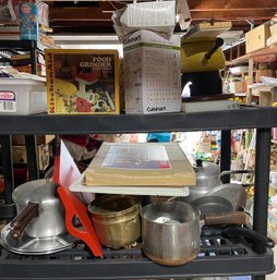 Vintage Kitchenaid Food Grinder, Cookie Press, Fondue Pot, Over Sink Board With Tray, And Pots And Pans