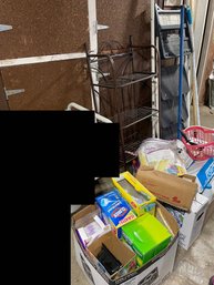 Bathroom Shelf, Bleach, Swiffer Dusters, Latex Gloves, Food Service Wiper