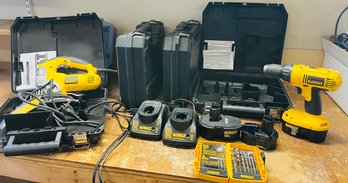 R0 Dewalt Cordless Drill With Extra Batteries And Chargers, Dewalt Orbital Jigsaw, Dewalt Drill Bits, Dremel