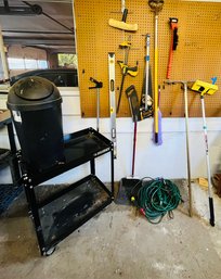 R0 Garage Tools And Husky Shop Cart Garbage Can, Saws, Bar Clamp, Level, Extension Cords, Broom