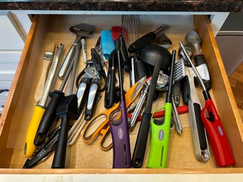 R1 Lot Of Various Kitchen Utensils To Include, Spatulas, Tongs, Lighters, Whisks, Ice Cream Scoopers, Can Open