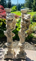 R0 Pair Of Ornate, Gothic-style Candlestick Holders Dragon Climbing 3ft Tall