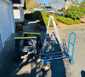 R0 Werner Aluminum 5ft Ladder, Two Sawhorses, Hand Truck Cart