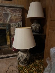 Rm8. Small Side Table With Two Matching Table Lamp. Appears To Be Ceramic With Linen Shade