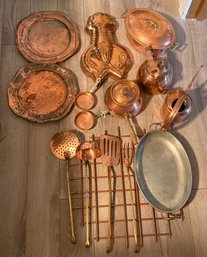 RDS Vintage Copper Items Including Cookware, Utensils, Teapot, Watering Can, And Hanging Rack