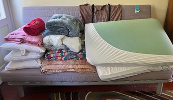 R12 Queen Size Metal Frame Folding Futon Couch, Queen Size Foam Mattress Topper With Bedding And Pillows