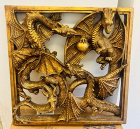 R0 Design Toscano Wall Hanging 4 Tangled Dragon Sculpture 3D Plaque In A Gold Finish 23.5in Wide 24in Tall